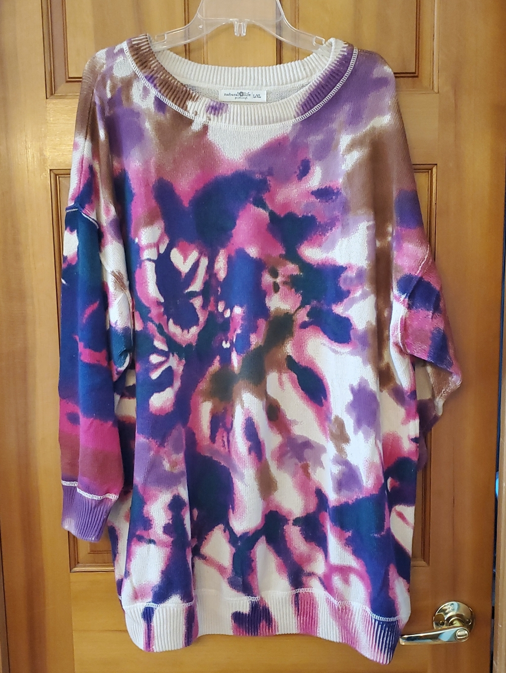 Natural Life Taylor Oversized Tie-Dye Crewneck Sweater — Purple, Pink & Brown